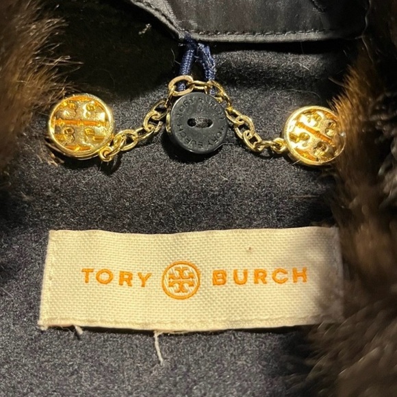 Tory Burch Alexandre Peat Coat Style Navy Genuine Fur Collar EXQUISITE! - Picture 10 of 12